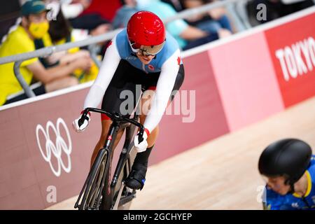 Shizuoka, Japan. August 2021. Kelsey Mitchell (CAN) Cycling : Sprint-Finale der Frauen während der Olympischen Spiele 2020 in Tokio auf dem Izu Velodrome in Shizuoka, Japan. Quelle: Shutaro Mochizuki/AFLO/Alamy Live News Stockfoto