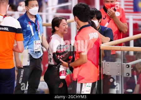 Shizuoka, Japan. August 2021. Yumi Kajihara (JPN) Radsport: Sprint-Medaillenzeremonie der Frauen während der Olympischen Spiele 2020 in Tokio auf dem Izu Velodrome in Shizuoka, Japan. Quelle: Shutaro Mochizuki/AFLO/Alamy Live News Stockfoto