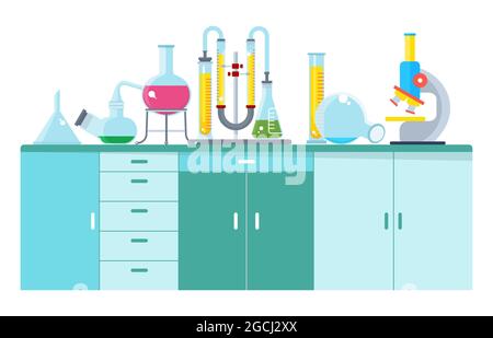 Schwarze Ikonen von Kolben und Reagenzglas im chemischen Trainingslabor für wissenschaftliche Experimente. Stock Vektor