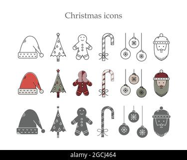 Vektor-Set von Weihnachts-Ikonen in drei Stilen. Linienkunst, schlichter Stil und farbiger Umriss. Stock Vektor