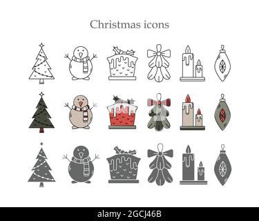 Vektor-Set von Weihnachts-Ikonen in drei Stilen. Linienkunst, schlichter Stil und farbiger Umriss. Stock Vektor