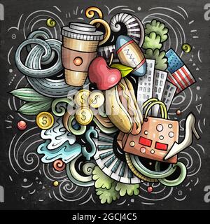 New York Cartoon Vektor Doodle Kreidetafel Illustration Stock Vektor