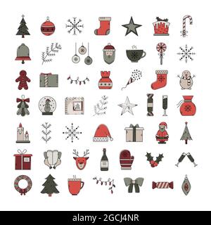 Vektor-Set von weihnachtssymbolen. Farbumriss Neujahr. Stock Vektor
