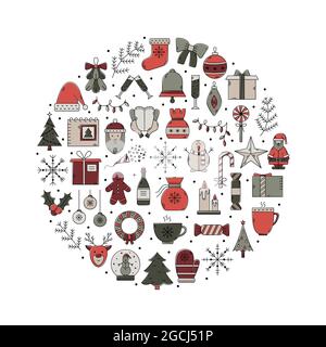 Vektor-Weihnachts-Illustration mit einem Satz von Symbolen in einer runden Form. Stock Vektor