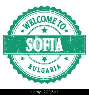 WILLKOMMEN IN SOFIA - BULGARIEN, Wörter auf grünem runden Zick-Zack-Stempel geschrieben Stockfoto