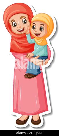 Eine Stickervorlage mit muslimischer Mutter und Tochter Illustration Stock Vektor