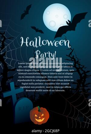 Ein Flyer für eine Halloween Party. Ein heller Mond mit Silhouetten von Fledermäusen gegen den dunklen Himmel und ein schrecklicher Wald mit einem Friedhof Stock Vektor