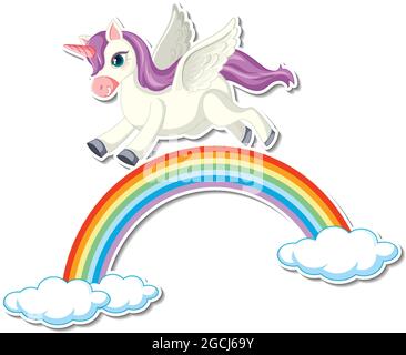 Niedliche Einhorn-Aufkleber mit einem pegasus, der über die Regenbogengrafik fliegt Stock Vektor