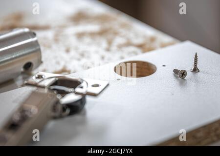 Nahaufnahme einer selbstschneidenden Schraube, Holzschraube im Handwerk des Zimmermanns. Stockfoto