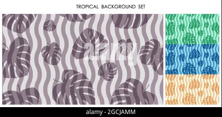 Set von nahtlosen Hintergründen mit Wellen und großen Blättern der tropischen Pflanze Monstera. Hintergründe für die Gestaltung von Einladungen und Karten. Vektor Stock Vektor