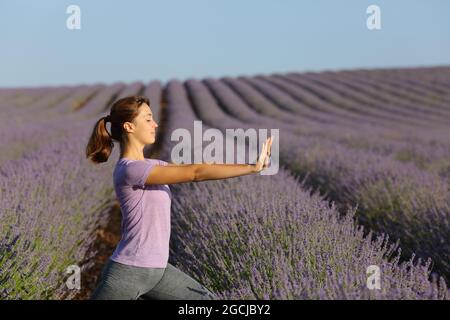 Profil einer Frau, die Tai Chi Übungen im Lavendelfeld praktiziert Stockfoto