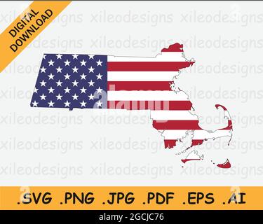 Massachusetts Karte Amerikanische Flagge. MA, USA State Map auf US-Flagge. Symbol „EPS-Vektorgrafik Clipart“ Stock Vektor