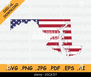 Maryland Karte auf amerikanischer Flagge. MD, USA State Map auf US-Flagge. Symbol „EPS-Vektorgrafik Clipart“ Stock Vektor