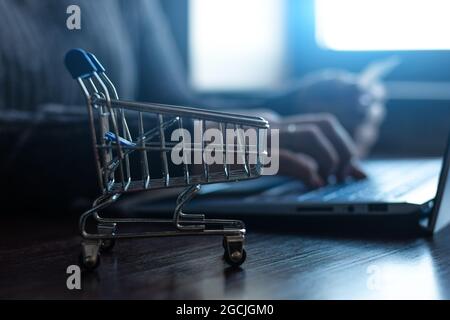 Nahaufnahme eines Lebensmittellagens auf dem Hintergrund eines Mädchens mit Laptop und Bankkarte; Konzept des Online-Einkaufs, Bezahlung von Rechnungen, Steuern Stockfoto