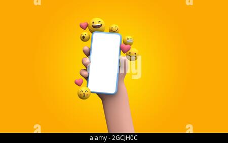 Person, die ein Smartphone mit Emoji-Online-Symbolen für soziale Medien hält. 3D-Rendering Stockfoto