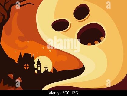 Banner mit Geist auf dem Hintergrund der Burg. Halloween Postkarte Design im Cartoon-Stil. Stock Vektor