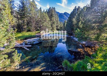 Der schöne Nationalpark Aiguestortes i Estany de Sant Maurici der spanischen Pyrenäen in Katalonien, schöner Gebirgsbach Stockfoto