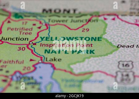 Yellowstone National Park Wyoming USA auf einer Straßenkarte oder Geographie-Karte angezeigt Stockfoto