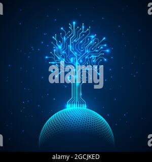 Schaltkreis-Baum auf Netzwerk-Kugel. Abstrakt futuristischen Hologramm Sci Fi Hintergrund. Vektorgrafik Stock Vektor