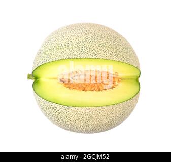 Draufsicht auf Cantaloupe Melonenscheiben isoliert auf weißem Hintergrund. Stockfoto