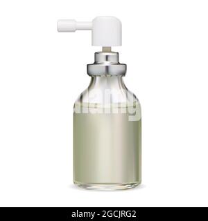 Sprühflasche. Verpackung des Inhalators für den Hals leer. Realistische Aerosolglas-Flasche, Feuchtigkeitscreme Flüssigkeit, Zerstäuber Flasche. Inhalator Medikamentenflasche Stock Vektor