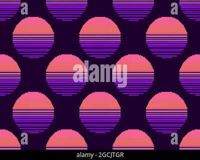 Pixel Art 80er Jahre Sonnenuntergang nahtloses Muster. 8-Bit Sun Synthwave und retrowave Style. Design für Druck, Verpackung und Werbung. Vektorgrafiken Stock Vektor