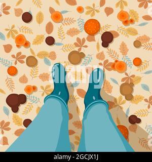 In Gummistiefeln auf dem herbstlichen Hintergrund der Blätter und der Pilze. Hallo, Herbst. Vektorgrafik. Stock Vektor
