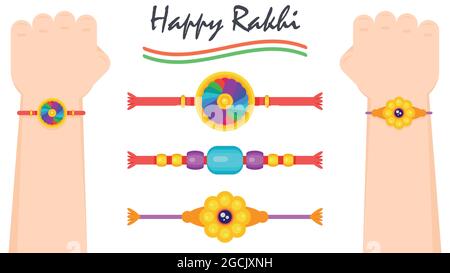 Draufsicht auf die Hand eines Mannes, der Rakhi am Tag von raksha bandhan trägt. Verschiedene Designs von Rakhi. Vektor-Illustration mit flachem Design. Stock Vektor