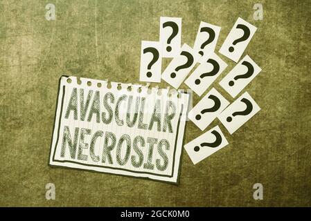 Konzeptuelle Bildunterschrift avaskuläre Nekrose. Wort geschrieben über den Tod von Knochengewebe aufgrund eines Mangels an Blutversorgung Fortschritte bei der Lösung von Problemen Durchbruch Stockfoto
