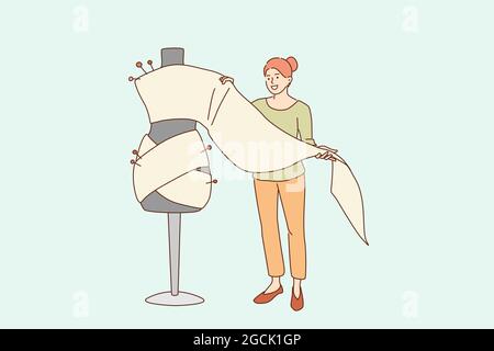 Dressmaking und Mode-Design-Konzept. Junge lächelnde Frau Zeichentrickfigur stehend hält Textil für die Herstellung Nähkleid oder Kostüm Vektor Illustration Stock Vektor
