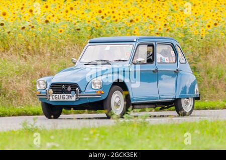 DIEREN, NIEDERLANDE - 12. AUGUST 2016: Blauer Vintage-Cronaen 2CV auf einer Landstraße vor einem Feld mit blühenden Sonnenblumen in Dieren, dem Nether Stockfoto