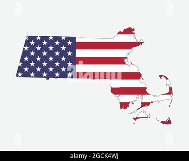 Massachusetts Karte Amerikanische Flagge. MA, USA State Map auf US-Flagge. Symbol „EPS-Vektorgrafik Clipart“ Stock Vektor
