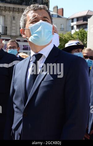 File photo dated July 18, 2020 - der französische Innenminister Gérald Darmanin in Nantes nach dem Brand der Kathedrale in Nantes, Westfrankreich, am 18. Juli 2020. -- EIN ruandischer Staatsbürger, der im vergangenen Jahr verdächtigt wurde, einen Großbrand verursacht zu haben, der die Kathedrale in der französischen Stadt Nantes verwüstet hat, hat einen katholischen Priester Olivier Maire in Westfrankreich ermordet. Foto von Ronan Houssin/ABACAPRESS.COM Stockfoto