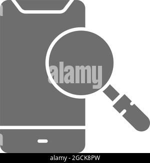 Smartphone mit Lupe, graues Symbol für die Suche nach dem Telefon. Stock Vektor