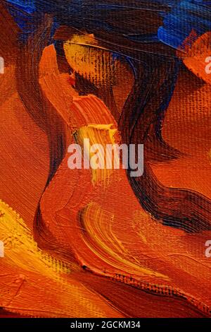 Abstraktes Ölgemälde. Mix aus roten, orangen und blauen Farben. Kreativer Hintergrund. Stockfoto