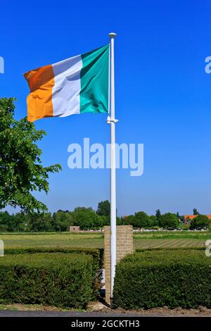 Die irische Flagge, die stolz über das Denkmal des irischen Dichters Francis Ledwidge (1887-1917) fliegt, begraben auf dem Artillery Wood Cemetery (Hintergrundbild) Stockfoto