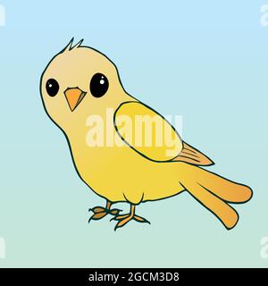 Eine Illustration eines sehr niedlichen gelben Cartoon Kükens mit großen Augen. Der Hintergrund ist ein sanfter blaugrüner Farbverlauf Stock Vektor
