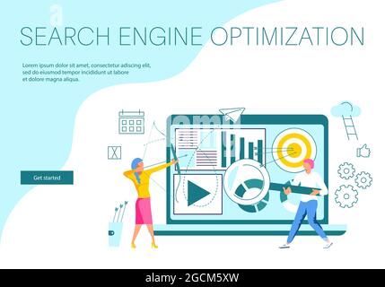 Landing-Webpage-Vorlage für SEO-Optimierung. Web-App entwickeln, Seitenlayout, Programm-Software-Optimierung, seo oder analytische Konzept. Flache Art Vektor Il Stock Vektor