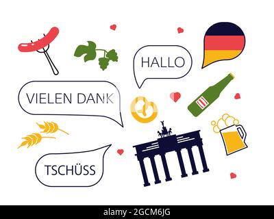 Satz traditioneller deutscher Kultursymbole, Objekte und Blasenreden Hallo, Danke und Bye auf Deutsch. Flache Grafik Als Vektorgrafik Stock Vektor