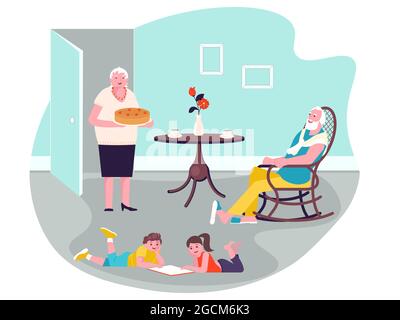 Großeltern verbringen Zeit mit Enkeln. Glückliche Familie mit Großmutter, Großvater, Enkel und Enkelin Buch lesen und entspannen Sie sich am h Stock Vektor