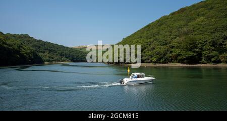 Looe, Cornwall, England, Großbritannien. 2021. Ein Tagesboot auf dem Weg entlang des West Looe River, einem Gezeitenfluss, der sich in Looe mit dem Meer verbindet. Stockfoto