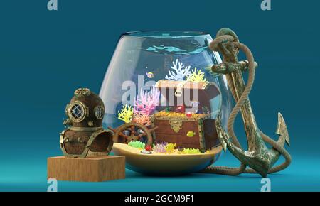 Uralte Schatzkiste auf dem Meeresboden. Alte und rostige Truhe von Goldmünzen im Aquarium, alter Schiffsanker, Tauchhelm, Schiffsrad. 3d-Illustration Stockfoto