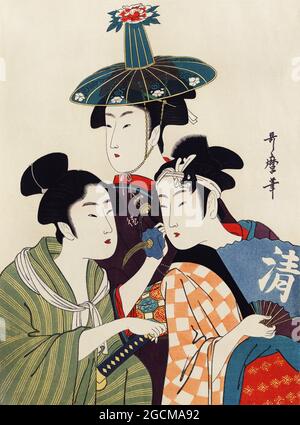 Japanische Vintage-Kunstwerke mit dem Titel „drei junge Männer oder Frauen“ von Utamaro Kitagawa (1753-1806) Stockfoto