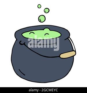 Farbenfroher Hexentopf mit blubberndem Trank. Vektor-Illustration für halloween im Doodle-Stil. Handgezeichneter Zauberkessel isoliert auf weißem Hintergrund Stock Vektor