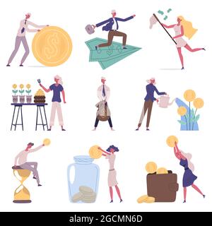 Geschäftsleute investieren, Geld sparen finanzielle Konzept. Geldwachstum, Ersparnisse, Anlagestrategie Zeichen Vektor Illustration Set. Finanzen Stock Vektor