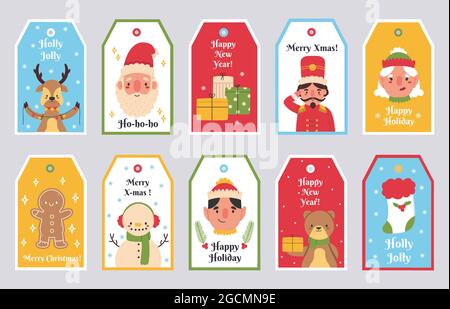Geschenkanhänger Weihnachten und Neujahr für Winterferien. Frohe Weihnachten Santa, Bär, Rentier und Schneemann Etiketten Vektor-Illustration-Set. Weihnachts-Geschenkschachteln Stock Vektor