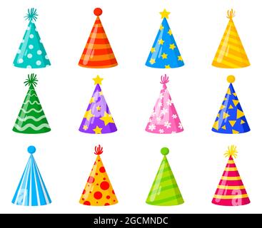 Cartoon Happy Birthday Party Feier Kegel dekoriert Hüte. Geburtstagsfeier lustig bunte Hüte Vektor Illustration Set. Karneval Urlaub Papier Kegel Stock Vektor