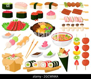 Cartoon orientalische asiatische Küche Street Food köstliche Gerichte. Japanisches Essen, Nudeln, Sashimi, Meeresfrüchte Sushi-Rollen Vektor-Illustration-Set. Köstlich Stock Vektor