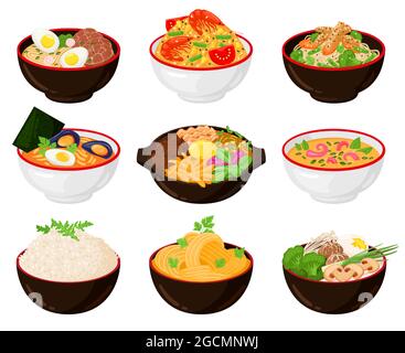 Asiatische traditionelle Küche Nudeln, Wok, Suppenschüsseln. Japanische Soba, udon, Ramen Nudelsuppe Schüsseln mit Essstäbchen Vektor-Illustration-Set. Traditionell Stock Vektor