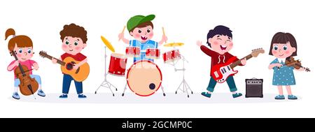 Cartoon Kinder Musikband spielen Musikinstrumente. Kinder singen, spielen Gitarre, Schlagzeug und Geigenvektor Illustration Set. Kinderorchester Stock Vektor